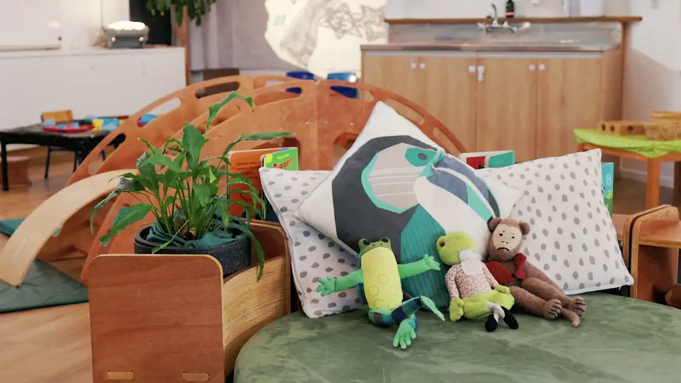 Cushions and soft toys piled in front of a wooden climbing arch, with plants on a shelf.