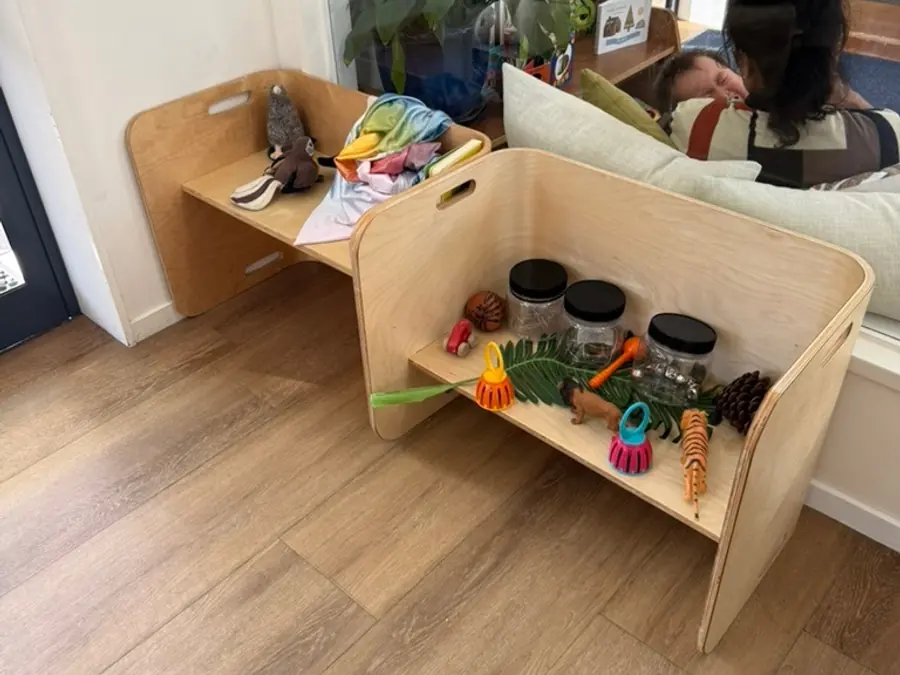 A low curved shelf holding small planted pots, on the wooden floor of a Northcross room.